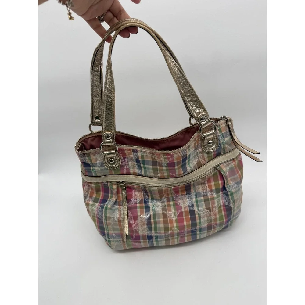 Coach 19611 Madras Signature Sequin Shoulder Tote Bag Pink Pastel Plaid Purse